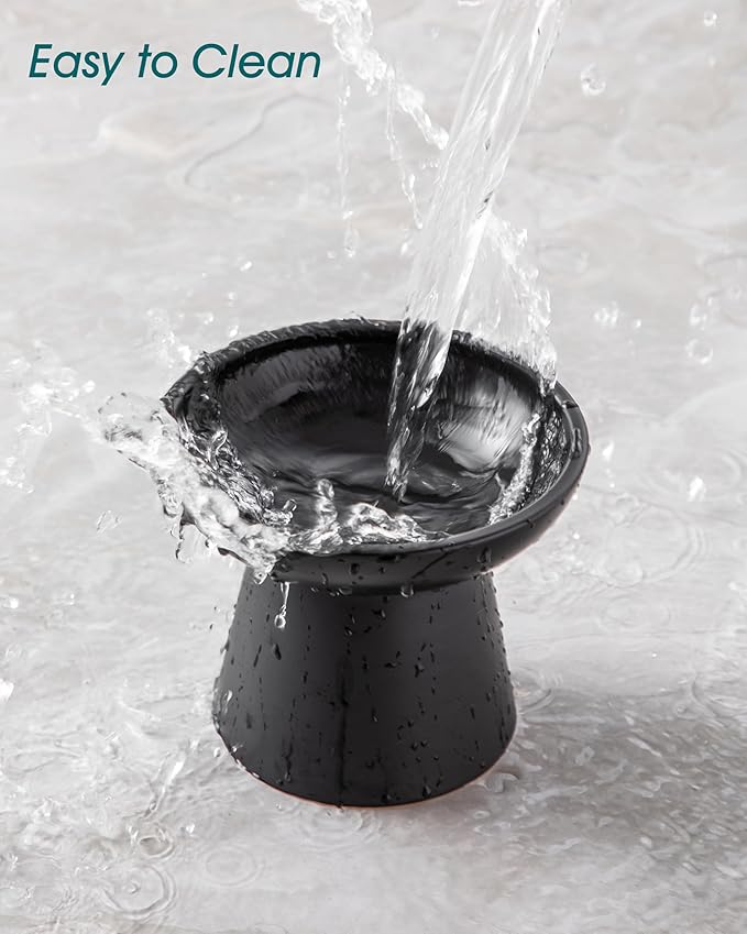 vancasso Ceramic Elevated Cat Bowls 2-Pack - 6.2" Extra Wide Raised Cat Food & Water Dishes, 5.1" Optimal Height Anti-Whisker Fatigue Shallow Bowls for Cats/Kittens/Dogs, Lead & Cadmium Free (Black)