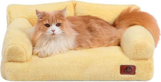Hollypet Fluffy Plush Dog Cat Pet Couch Soft Calming Sofa Bed for Medium Small Cats and Dogs, Yellow