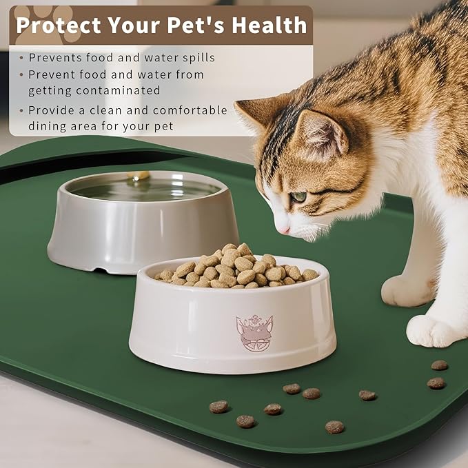 Silicone Pet Feeding Mat with Raised Edge & Residue Collection Pocket for Food and Water, Dog Bowl Mats, Cat Bowls Placemat with High Lip for Floor Waterproof, 19 x 12 x 0.7 Dark Olive
