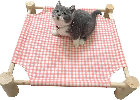 Pozico Elevated Cat & Dog Bed – Wooden Frame Pet Hammock for Small Dogs & Cats, Indoor/Outdoor Raised Bed with Breathable Mesh, Portable Pet Cot Furniture – Pink Grid