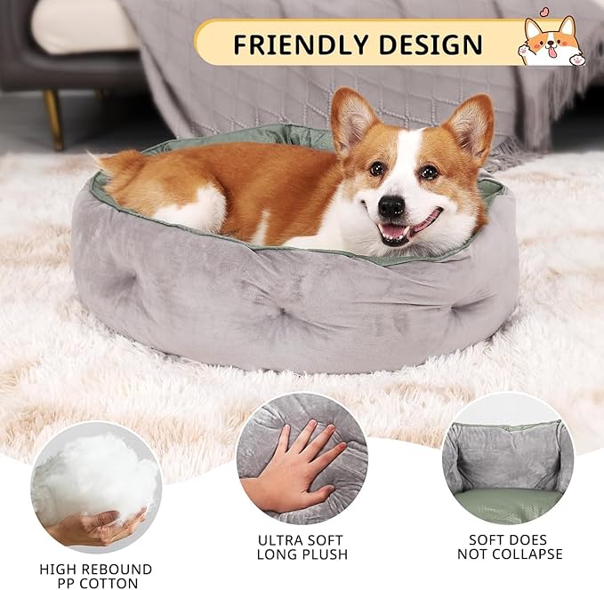 Dual-Sided Dog Beds for Medium & Small Dogs - Round Cat Beds for Indoor Cats, Washable Pet Bed for Puppy and Kitten with Slip-Resistant Bottom (Grey, 20" L x 20" W x 6" Th)