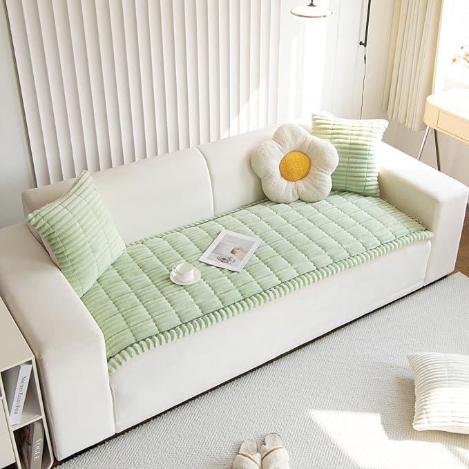 Faux Fur Plush Dog Couch Cover 3D Stripe Fuzzy Sofa Cover Non-Slip Fluffy Dog Bed Cover Pet Blanket Sofa Couch Furniture Protector for Puppy Large Dog Cat (Green,31"x82")