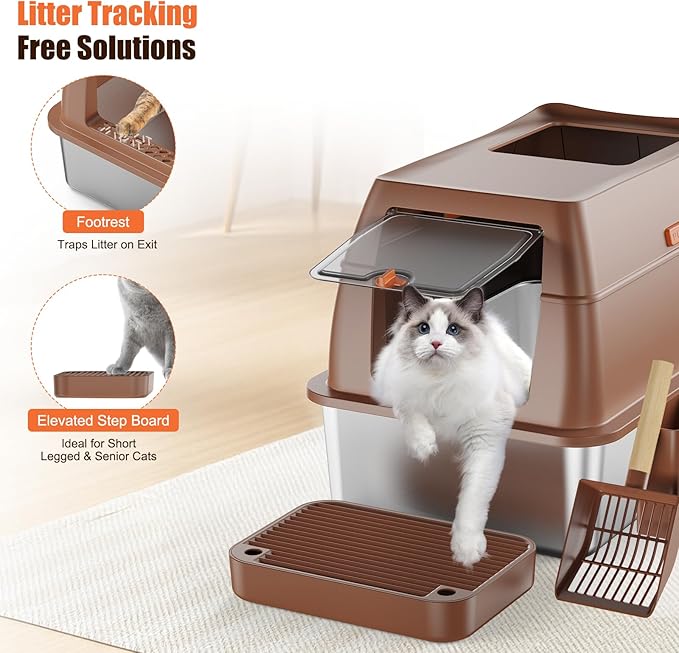 Stainless Steel Cat Litter Box with Lid Extra Large Open-Top Dual Entry Enclosed Metal Pan Tray with High Sides Pedal Scoop Non-Stick Anti-Leakage Easy Cleaning for Big Multi-Cat (Brown)