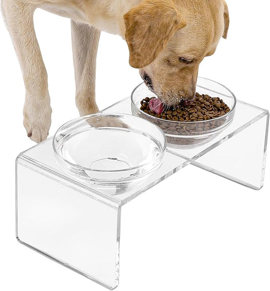 Acrylic Elevated Dog Cat Bowls Pet Feeder Double Bowl Raised Stand Comes with 2 Removable Glass Bowls and 2 Stainless Steel Bowls.Perfect for Large Dogs, 7.2" Tall
