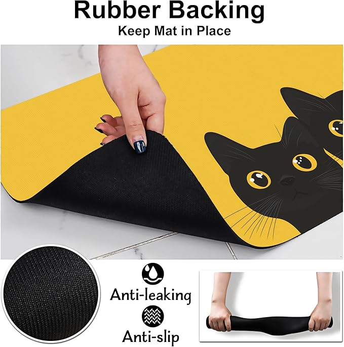 Cute Black Cat Peeking Dog Cat Food Mat-Absorbent Placemat for Food and Water Bowl, Waterproof Non Slip Rubber Backing Dog Food Mats for Floors, Pet Supplies 12 * 20 inch