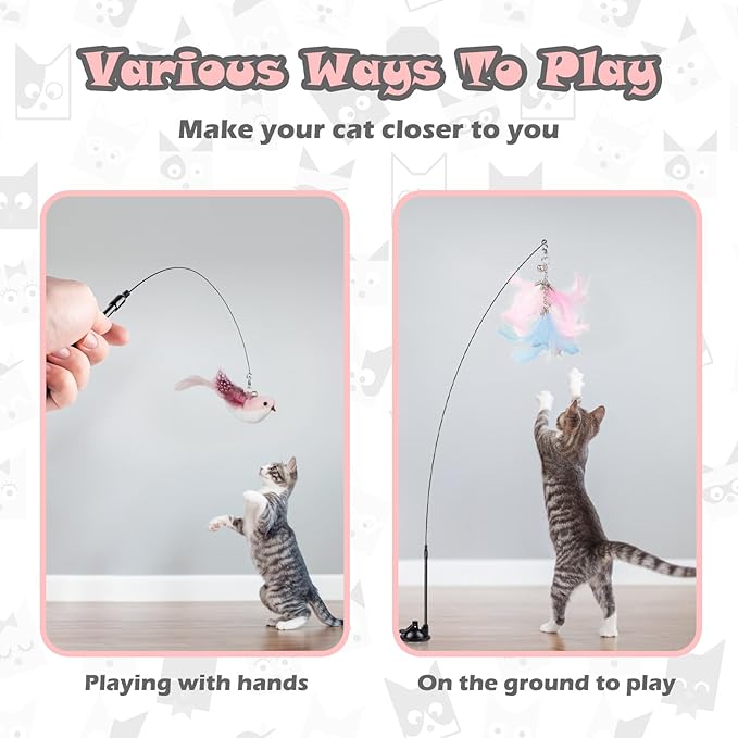 Cat Feather Toys, Interactive Cat Toy for Indoor Cats,Cat Wand Toys with 2 Suction Cup and 3 Wands, 3 in 1 Cat Toys for Bored Cats, Kitten Toy with Balls and Birds