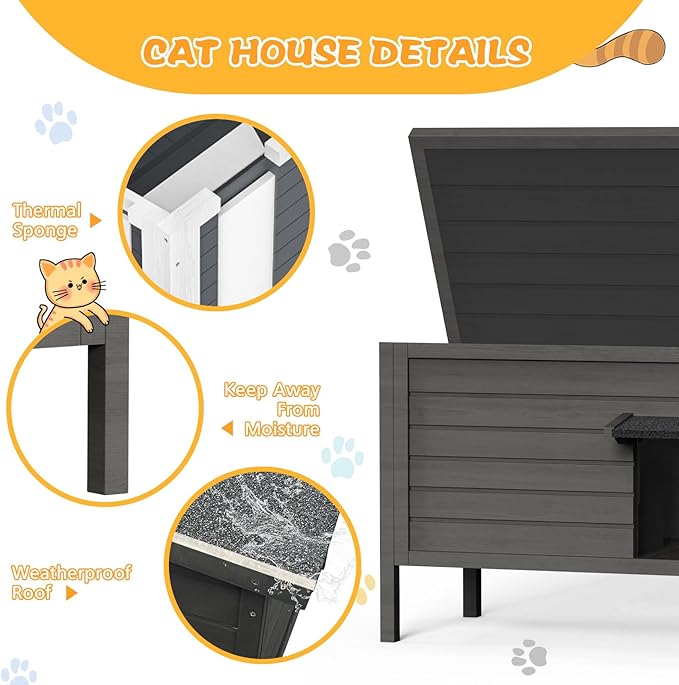Outdoor Cat House for Winter Waterproof Feral Cat House, All-Round Foam Insulated and Thermostatic Large Outdoor Cat Shelter, Solid Wood Cat Condos for Multiple Cats 34.4 "L * 21.7" W * 27.2"H