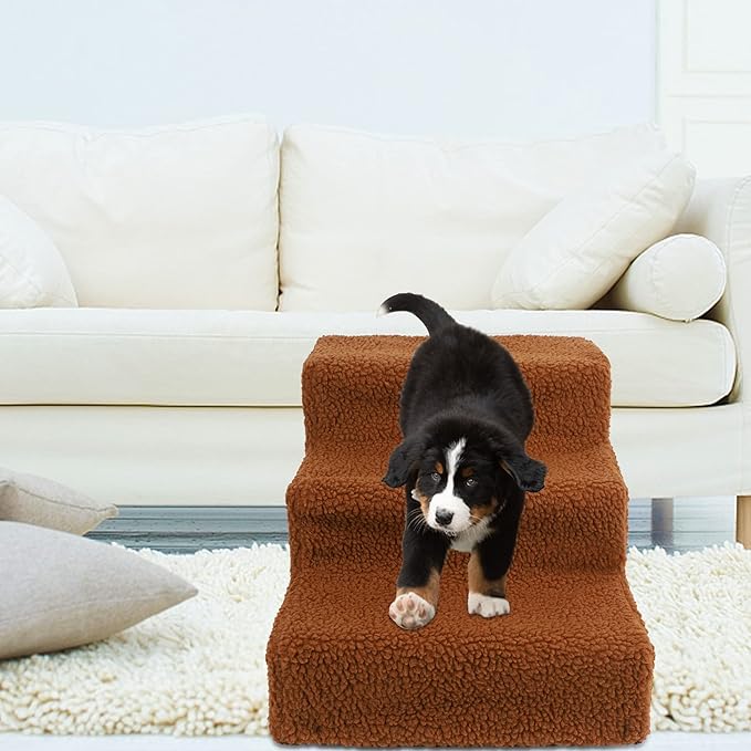 yofit Doggy Steps - Non-Slip 3 Steps Pet Stairs for Cats and Dogs, Foldable Plastic with Washable Carpet Holds Up to 50 lbs (Brown)