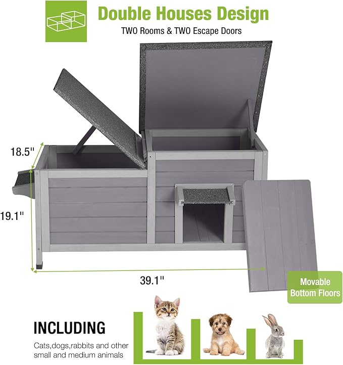 Cat House Outdoor, Weatherproof Feral Cat Shelter for Winter, Double Rooms Design