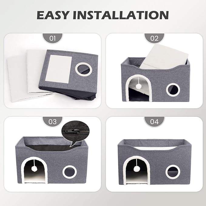 Heeyoo Cat House for Indoor Cats - Large Cat Bed Cave with Fluffy Ball and Scratch Pad, Foldable Cat Houses & Condos, Cat Cubes, Cat Hideaway, Covered Cat Bed for Multi Small Pet Large Kitty