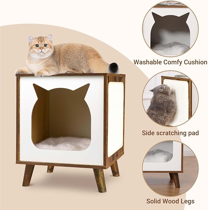 Cat House Wooden Cat Condo Cube Shaped,Modern Cat Bed Side Table & Nightstand,Cat Shelter Furniture with Cushion Cat Scratch Pad,Brown