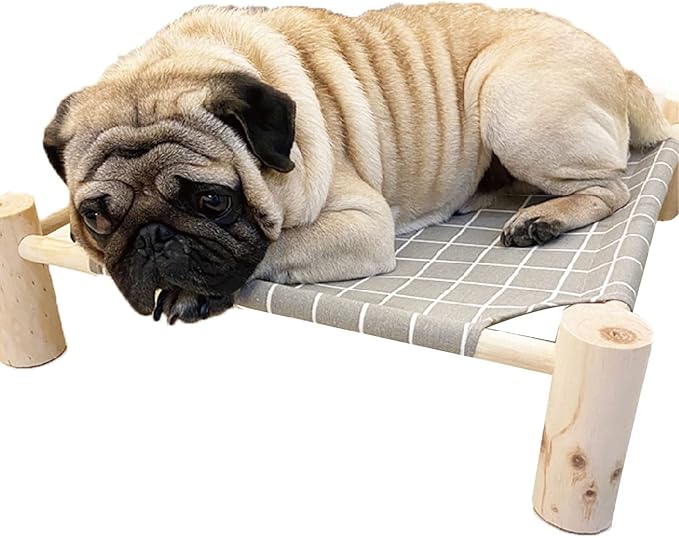 Pozico Elevated Cat Bed for Small Dogs & Cats – Raised Pet Hammock Bed, Wooden Frame Indoor Outdoor Dog Cot, Breathable Mesh Puppy Bed, Portable Cat Lounger – Grey Grid