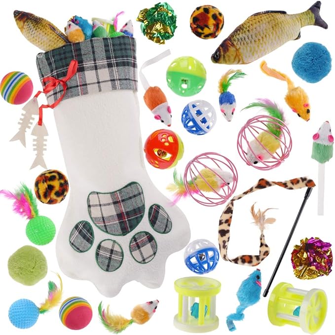 QBSM Cat Christmas Plaid Pet Paw Stockings with 26 Pcs Cat Toys for Cats and Kitten