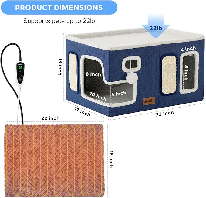Heated Cat House for Indoor Cats - Large Cat Warming Bed for Winter with Fluffy Ball Hanging and Adjustable Heating Pad, Foldable Cat Hideaway,23x16.5x13 inches, Grey