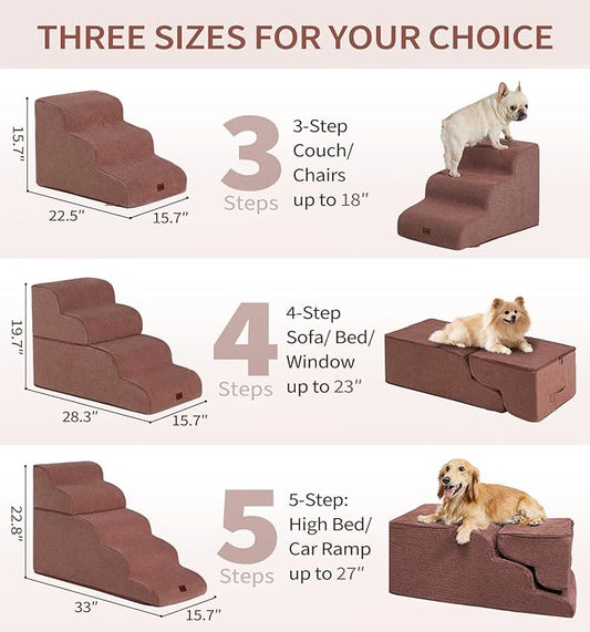 Made4Pets Dog Stairs Ramp for Small Dogs, 3-Step Dog Steps for Bed Couch Sofa and Chair, 35D Foam Pet Steps for Small Dogs and Cats, Non-Slip Bottom Pet Stairs, Brown