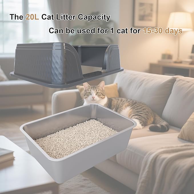Enclosed Stainless Steel Cat Litter Box with Lid Large Litter Box for Big Cats XL Metal Litter Pan Tray with High Sides Scoop & Litter Mat Inside, Non-Sticky, Anti Leakage(Grey, XL)