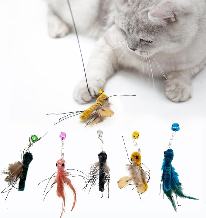 Cat Insect Replacements for Wand Toy, Bugs Refills with Bells, Feather Wand Attachments for Teaser, Suction Cup Toys, Ideal for Indoor Cat Enrichment & Hunting Instincts (5 PCS)