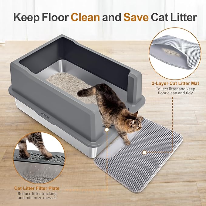 XXXL Stainless Steel Litter Box with Lid, 28" L x 20" W x 14" H Extra Large Cat Litter Box, Enclosure Metal Cat Litter Pan with High Side, Non-Stick, Anti-Leakage, Easy Clean for Big and Multiple Cats