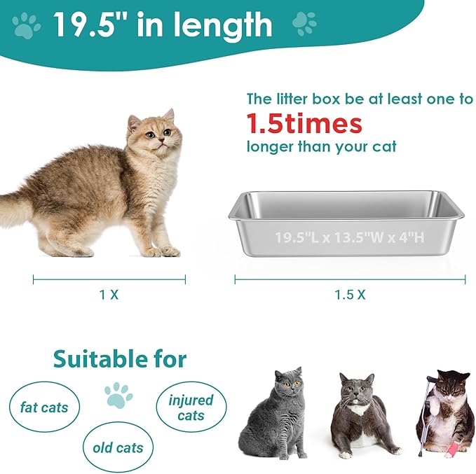 IKITCHEN Stainless Steel Cat Litter Box, Large Metal Litter Box for Cats, Never Absorbs Odors,Stain Free, Rustproof, Non Stick Smooth Surface, Anti-Slip Rubber Bottom, 19.5" L x 13.5" W x 4" H