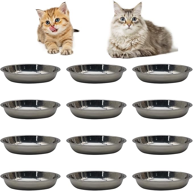 Hamiledyi 12 Pcs Stainless Steel Cat Bowls Replacement Whisker Fatigue Relief Cat Plates Pet Water Dish Shallow Kitten Bowls Pet Bowls for Dogs Cats and Other Small Animals (7.68 Inch Diameter)
