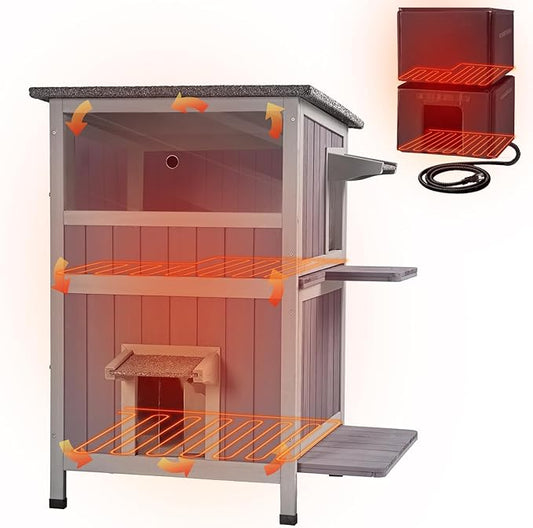 Heated Outdoor Cat House Insulated Weatherproof Kitten Shelter with Heating Pad and Insulated Liner, 2-Story Feral Cat House for Outside, Kitty Condo with 2 Escape Doors, Upgrade Anti-Bite Cable