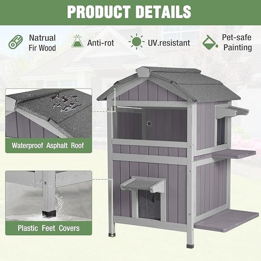 Outdoor Cat House with Two-Story, Feral Cat House with Escape Door and Two Large Side Door, Kitty Shelter with Weatherproof Roof