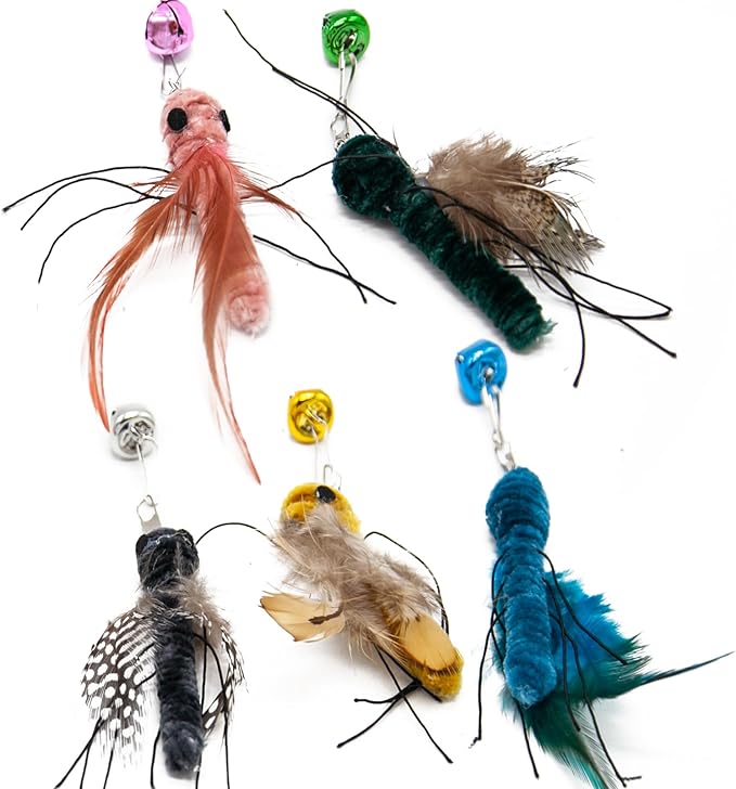 Cat Insect Replacements for Wand Toy, Bugs Refills with Bells, Feather Wand Attachments for Teaser, Suction Cup Toys, Ideal for Indoor Cat Enrichment & Hunting Instincts (5 PCS)