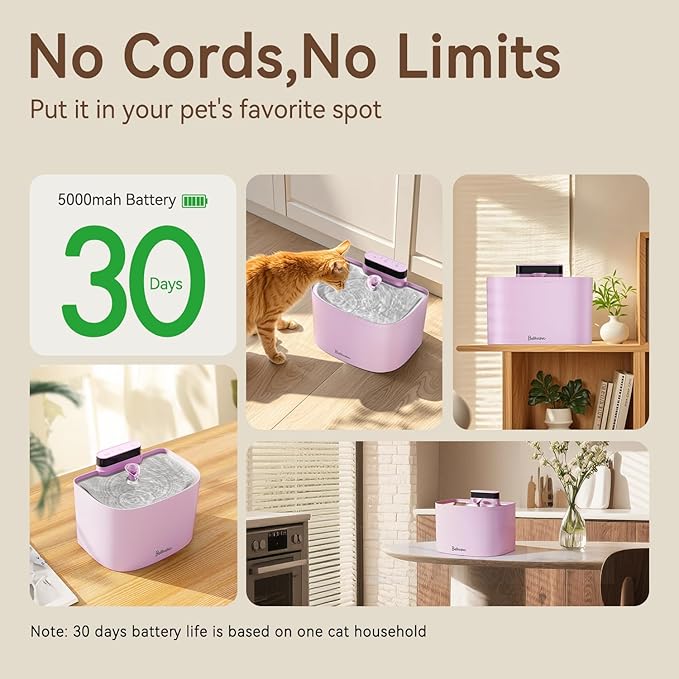 Cat Water Fountain, 122oz/3.6L Pumpless Cat Fountain, Cordless Water Fountains for Cats Indoor, Dog Pet Water Fountain Battery Operated with Stainless Steel Tray (Pink, Fountain+2 Fliters)