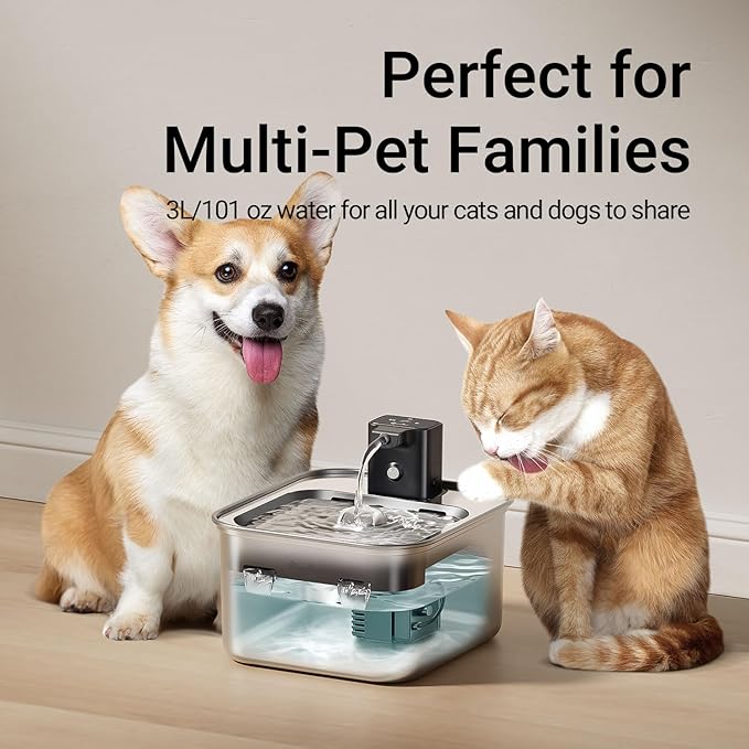 DownyPaws Cat Water Fountain Stainless Steel Wireless, 101 oz/3L FurSink Cordless Cat Water Dispenser for Pets, Battery Operated Dog Drinking Fountain with Motion Sensor, Black with 6 Filters
