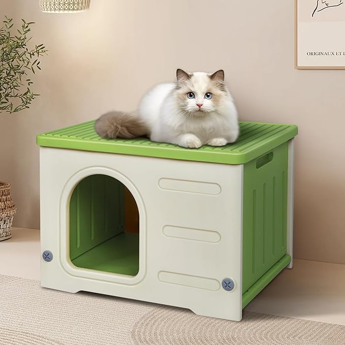 Deblue Plastic Cat House for Indoor Outdoor, Weatherproof Outdoor Cat House for Feral Cats, Unique Outside Cat Shelter for Small Pet, Easy to Assemble and Clean, Large Space - Green
