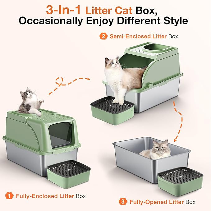 Stainless Steel Litter Box, XXL Large Metal Cat Litter Boxes, Dual Entrance Detachable Litter Box with Lid, 16.6'' High Wall Urine Leak Prevention with Cat Litter Scoop (Green)