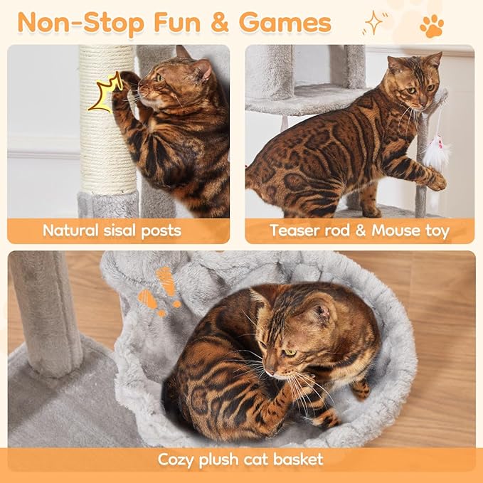 Taoqimiao 71 Inches Cat Tree for Indoor Cats Large Adult, Multi-Level Tall Cat Tower, 2 Cat Condo with 6 Scratching Posts, Super Large Hammcock, Cat Toys, Cozy Basket, Light Gray, MS037W