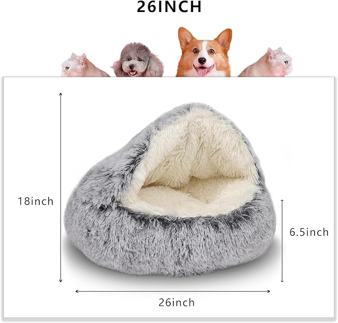 ShinHye Plush Fluffy Hooded Cat Bed Cave, Cozy for Indoor Cats or Small Dogs - Waterproof, Washable, 2626inch, Grey