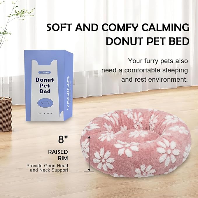 Donut Dog Beds for Medium Dogs, Calming Round Cat Beds for Indoor Cats, Cute 3D Textured Flower Pet Bed with Removable Washable Cover and Anti-Slip Bottom（Pink，30"）