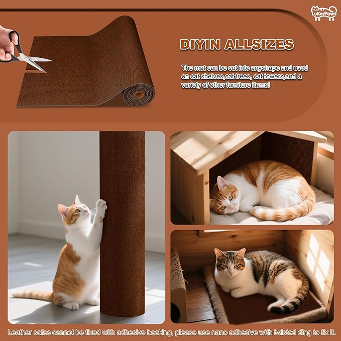 Cat Scratch Mat, Self-Adhesive Trimmable cat Scratch Furniture Protector for Couch, cat Scratch pad，cat Tree，DIY Climbing Carpet for Cat Tower Replacement Pads (Khaki, 39.4" x 15.8")