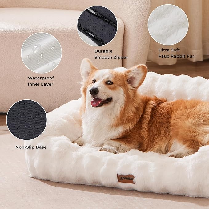 Orthopedic Cat Couch Bed for Indoor Cats, Cute Pet Sofa with Supportive Egg Foam, Fluffy Faux Fur Removable Washable Cover and Non-Slip Bottom, Ivory White