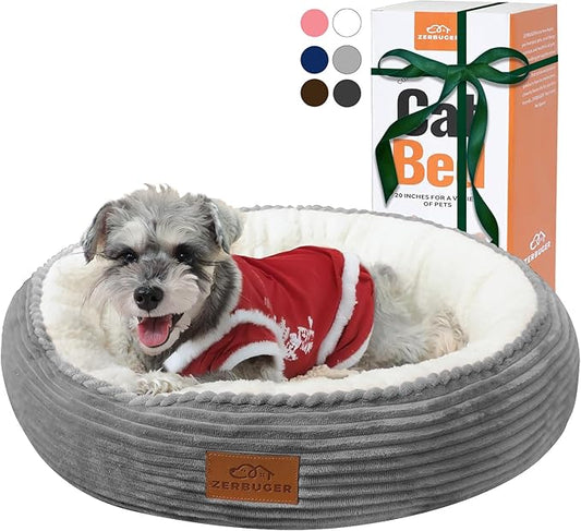 23in Round Cat Dog Bed for Large Medium Small Dogs Cats, Machine Washable Sleeping Sofa, Non-Slip Bottom Breathable Soft Calming Pet Cuddler for Indoor/Outdoor/Car/Cage, Light Grey