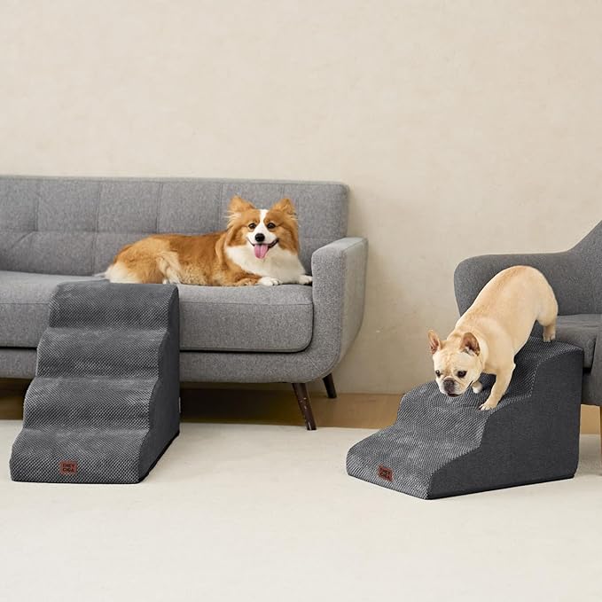 EHEYCIGA Curved Dog Stairs Ramp for Small Dogs 15.7" H, 3-Step Dog Steps for Couch Sofa and Chair, Pet Stairs for Cats, Non-Slip Balanced Pet Steps Indoor, Grey