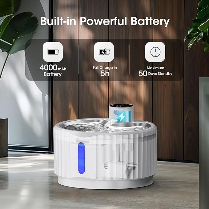 Wireless Cat Water Fountain, 95 oz/2.8 L Battery Operated Pet Water Fountain for Cats Inside, Automatic Dog Water Fountain with Stainless Steel Tray, Motion Sensor, Quiet Pump (White)