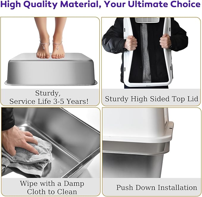 Stainless Steel Litter Box with Lid, 24" XL Extra Large High-Sided Metal Cat Litter Box for Multiple Cats,Anti-Leakage & Non-Stick, Easy to Clean, Includes 2 Scoops&Deodorizer Box, White