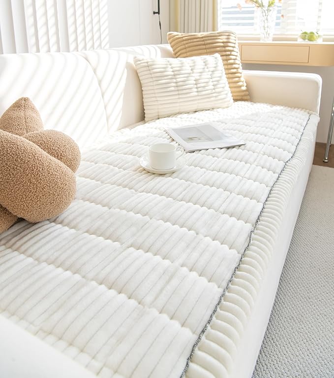 Faux Fur Plush Dog Couch Cover 3D Stripe Fuzzy Sofa Cover Non-Slip Fluffy Dog Bed Cover Pet Blanket Sofa Couch Furniture Protector for Puppy Large Dog Cat (Cream,28"x59")