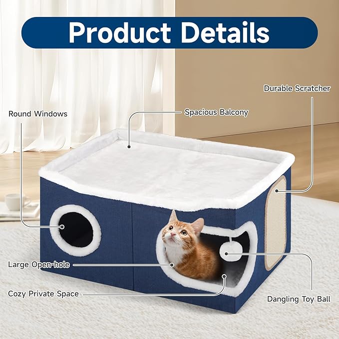 Cat Beds for Indoor Cats, Extra Wide Cat Cube House for Multi Cats, Foldable Cat Cave Hideaway with Arc-Edge Design & Oval Door, Double-Side Soft Cushion for All Seasons, 24"L x 17.7"D x 12.6"H, Blue