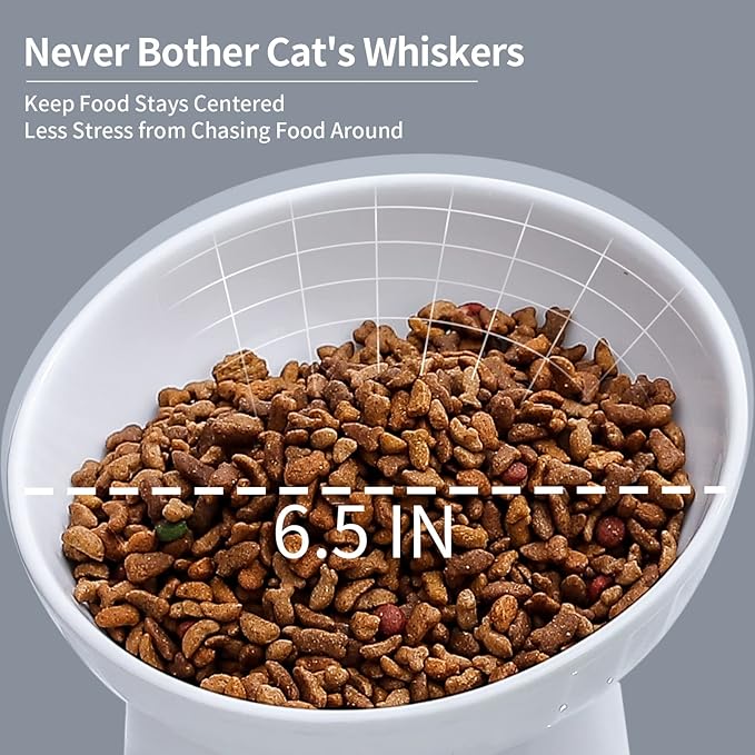 OMAYKEY 6.5 Inch Extra Wide Ceramic Raised Cat Bowls, Porcelain Tilted Elevated Cat Food Water Bowl Dish, Stress Free Pet Feeder Bowls Dishes for Elder Big Cats & Small Dogs, White - 2 Pack