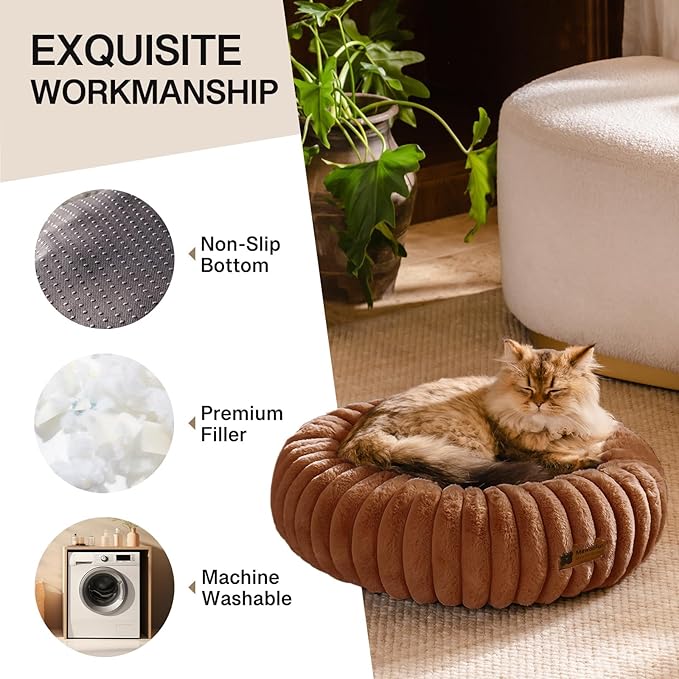 MEWOOFUN Donut Dog Beds for Small Dog, Calming Bed Round Cute Puppy Bed with Non-Slip Bottom, Fluffy Washable Pet Bed for Puppy and Kitten (Dark Brown, M (30x30x8))