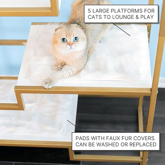 THE REFINED FELINE 62 Inch Tall Metropolitan Cat Condo, Gold Metal Frame Cat Tower, Multi-Level Modern Cat Tree for Indoor Cats, Brown Platforms with Gray Replaceable Cushions & Scratching Post
