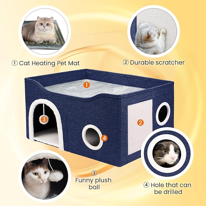 Indoor Heated Cat House, Adjustable Temperature Cat Heating Bed with Timer and Chew Resistant Cord, Large Cat House with Heating Pad for Small Medium and Large Cats
