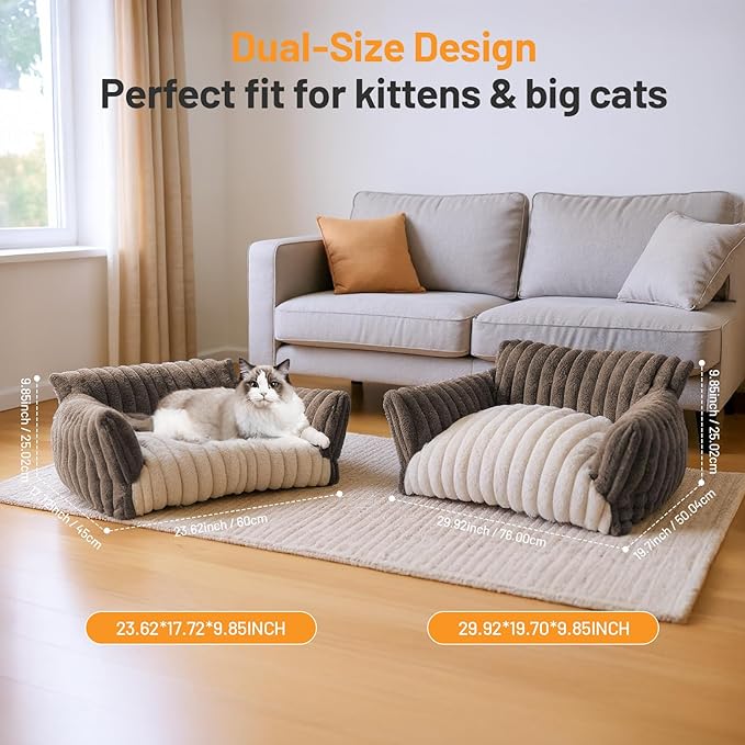 Premium Cat Couch Bed Soft Pet Sofa with Support & Machine Washable Cover, Non-Slip Bottom 23.62 Inch, Dark Brown Cream