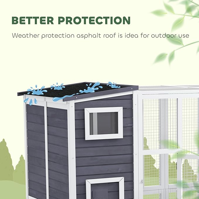 PawHut Catio Outdoor Cat Enclosure, Wooden Cat Patio with Platforms, Waterproof Asphalt Roof, Ramps, 77" L, Light Gray