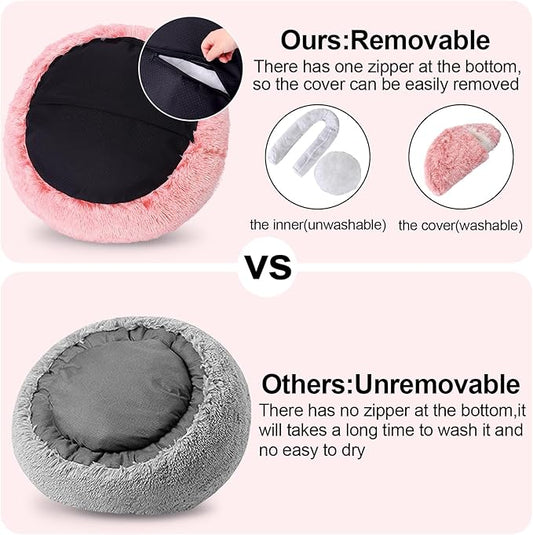 Calming Bean Mush Beds & Cat Cave with Hooded Cover, Removable Washable Round Beds for Small and Medium Pets, Anti-Slip Faux Fur, Fits Up to 15/25 lbs