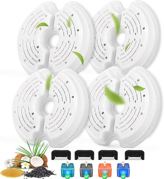 Cat Water Fountain Filters for 84oz/2.5L Stainless Steel Pet Fountain and 67oz/2.0L Plastic Cat Drinking Fountain, 4 Pack Pet Replacement Filters with 4 Pre-Filter Sponges